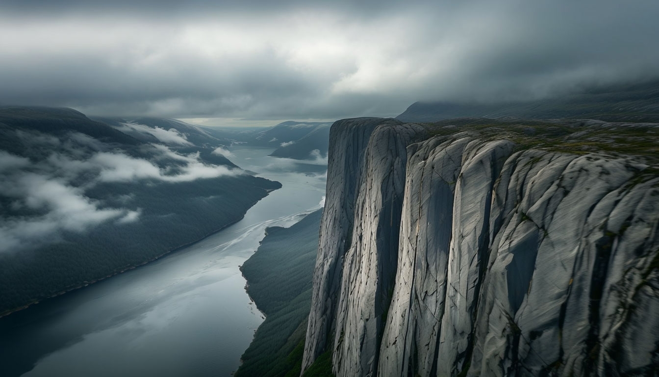 Dramatic Aerial View of Norwegian Cliffs and Serene Water Backgrounds
