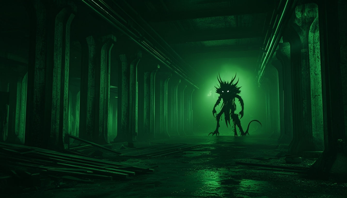 Eerie Industrial Basement Scene with Shadowy Creature Virtual Background