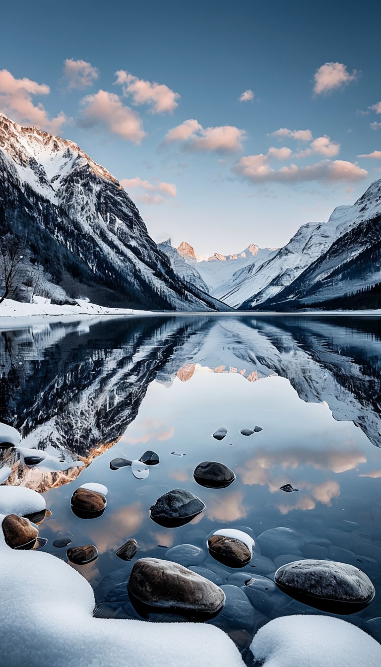 Serene Winter Landscape Reflecting Mountains Mobile Wallpaper