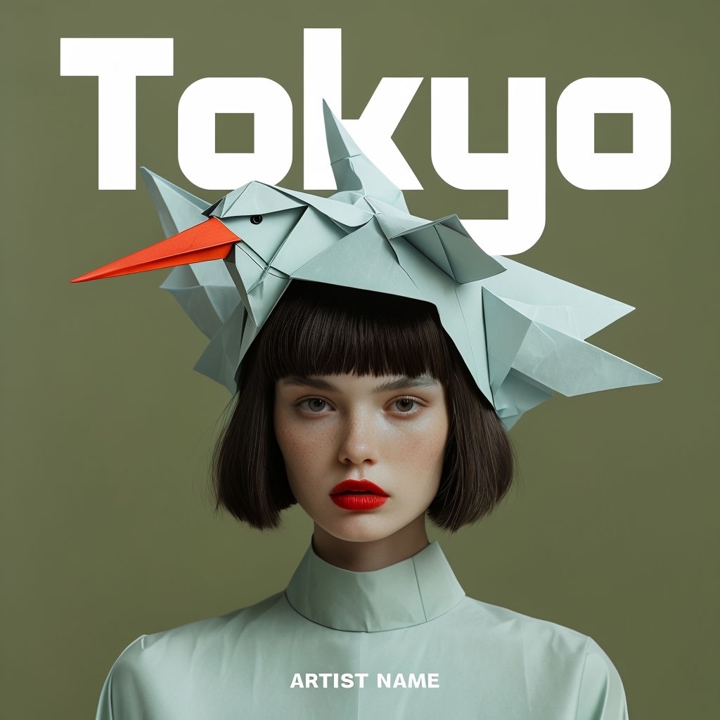 Minimalist Fashion Portrait with Origami Crane Hat Spotify Album Cover