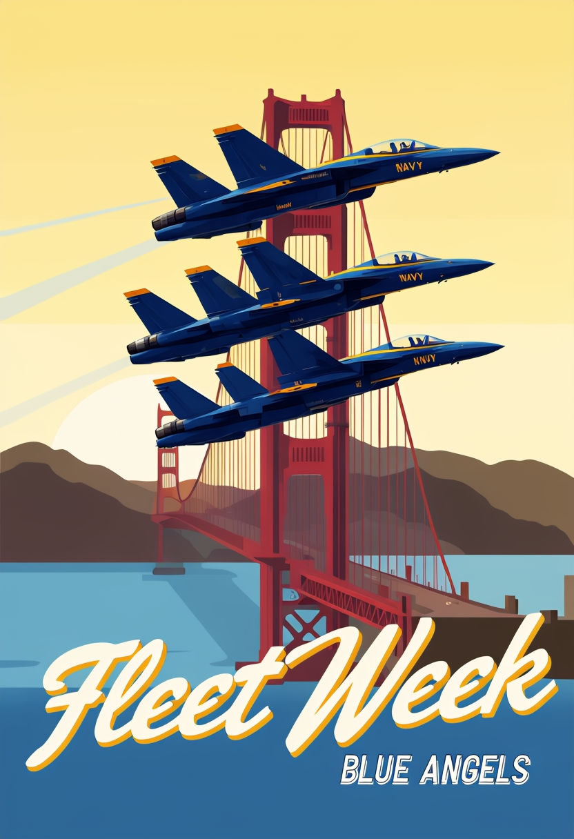 Vibrant Retro Fleet Week Poster Featuring Blue Angels over Golden Gate Bridge