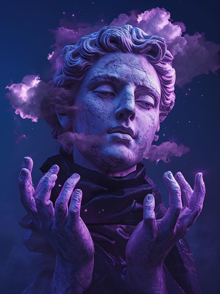 Surreal Neon Classical Statue with Cosmic Background Art