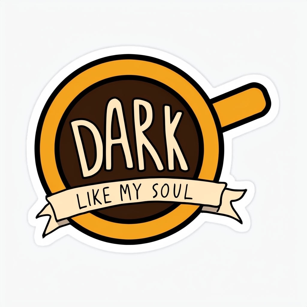 Whimsical Cartoon Coffee Cup Sticker with 'Dark Like My Soul' Design