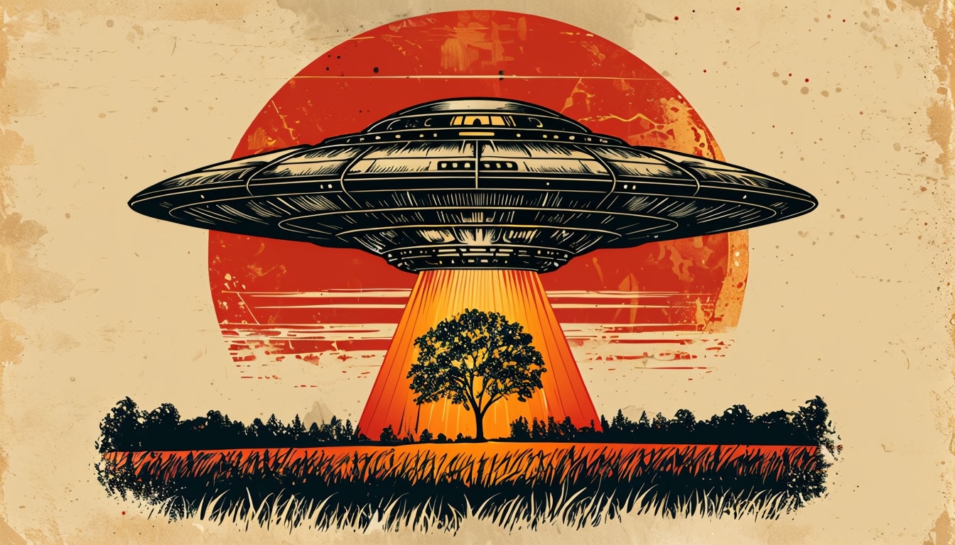Vintage UFO Illustration with Surreal Landscape Virtual Background