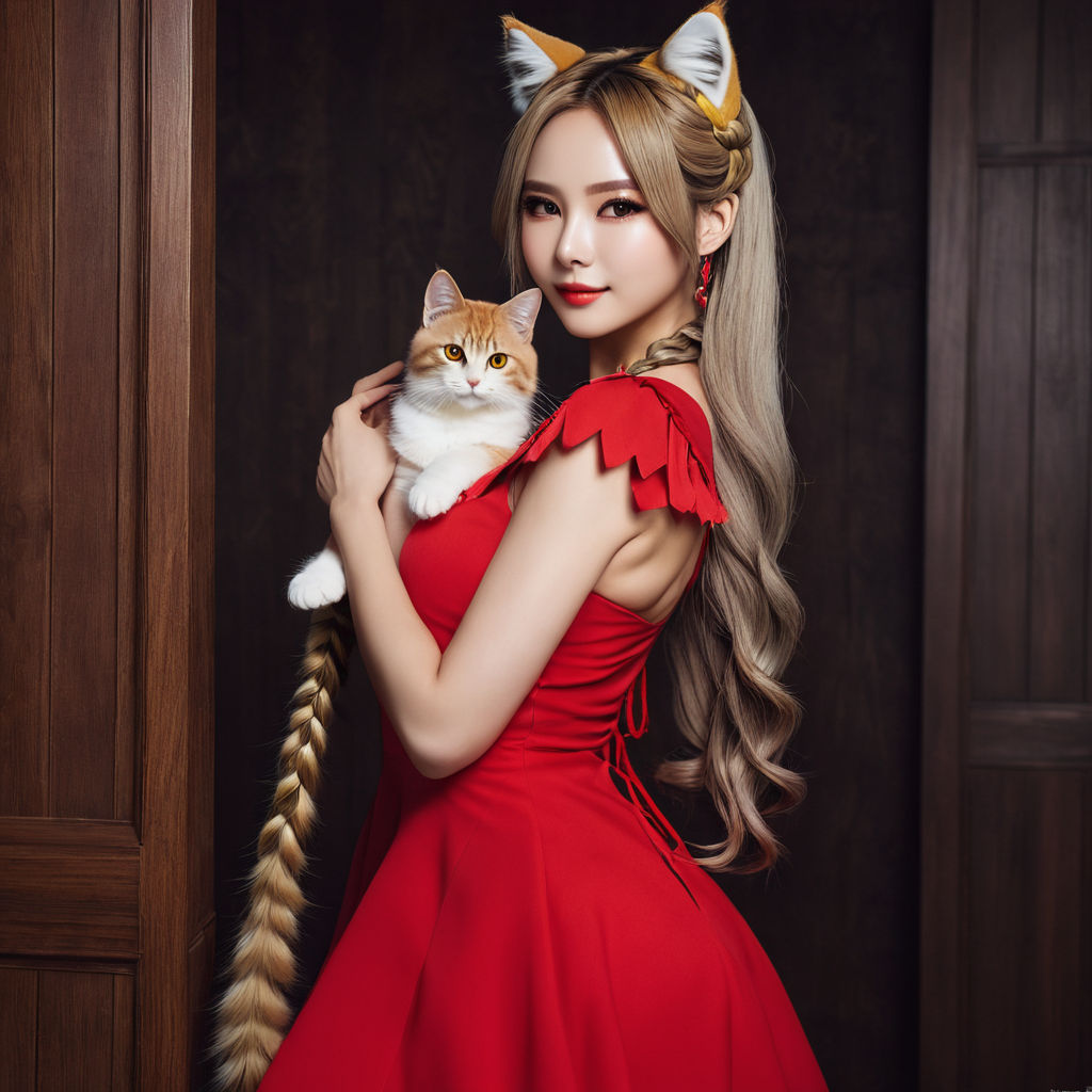 Cute fox girl wearing long red dress anime style