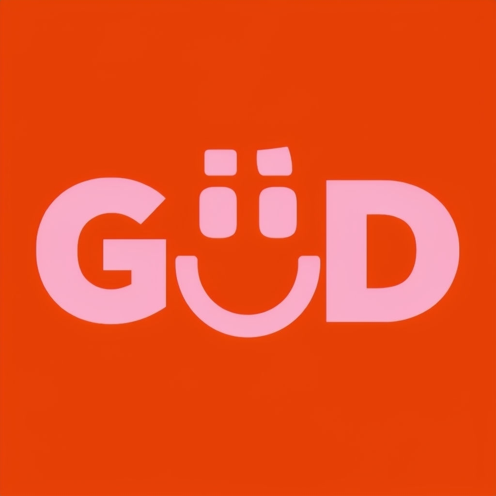 Playful GÜD Logo with Smiley Face Design in Light Pink Font
