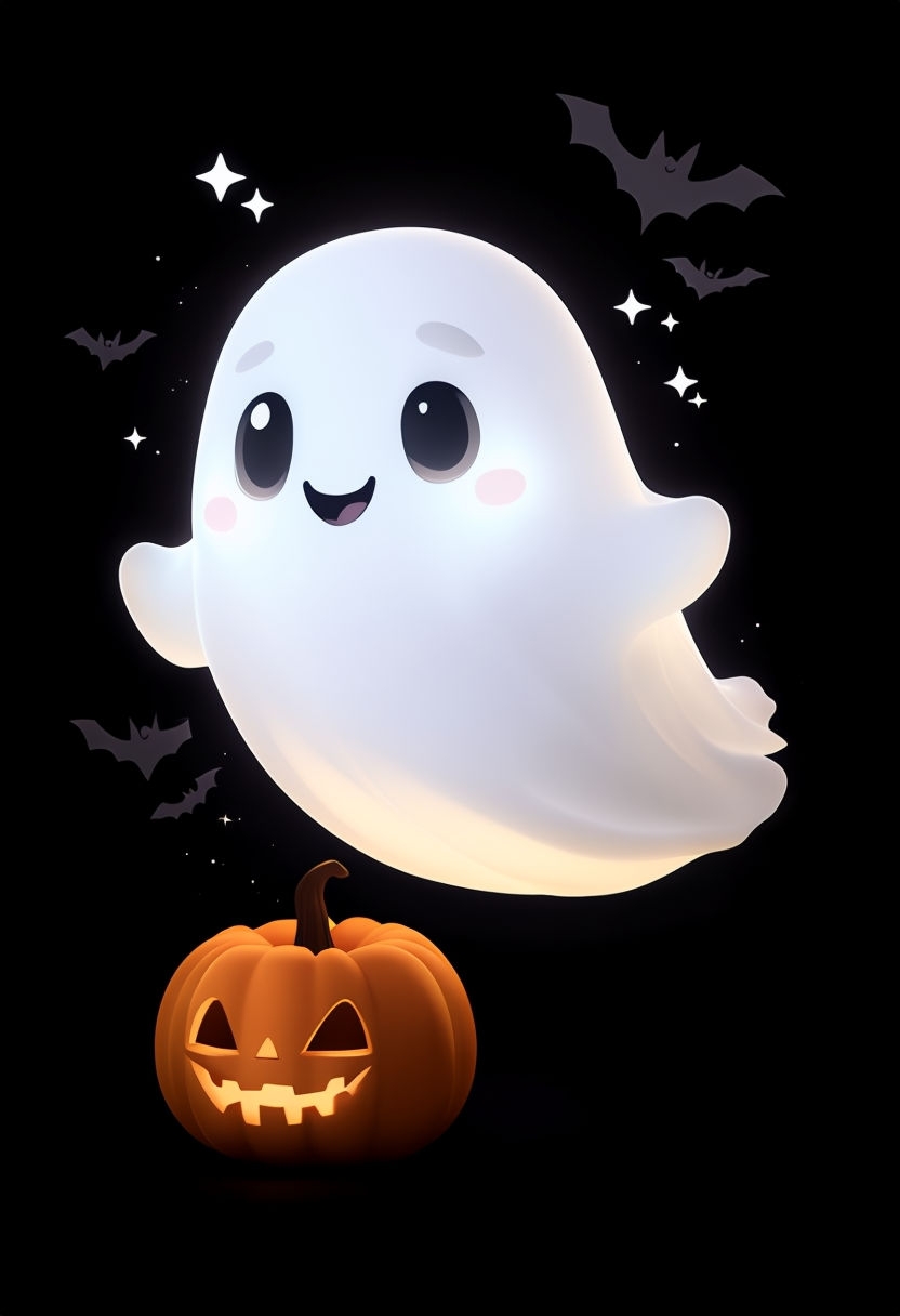 Cheerful Ghost and Jack-o'-Lantern Halloween Art Poster