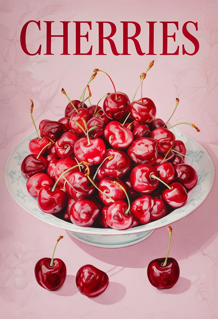 Vibrant Cherries on Ceramic Plate Elegant Art Poster