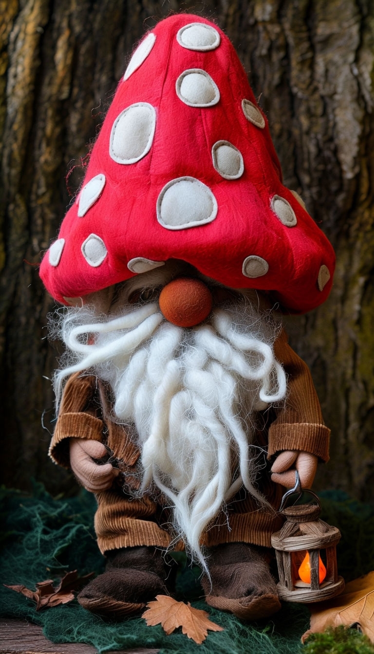 Fantastical Handcrafted Gnome Doll with Mushroom Hat Mobile Wallpaper