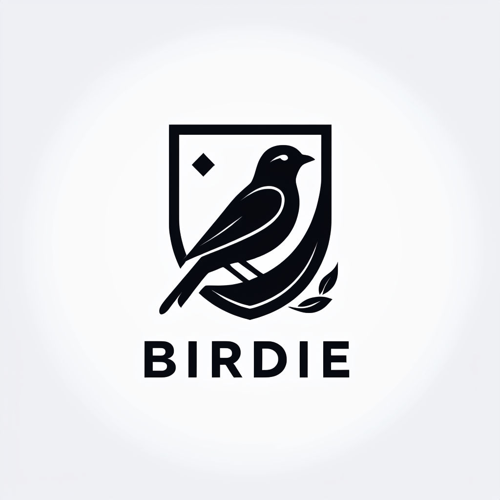 Minimalist Black Bird Shield Logo Design with Bold Text BIRDIE Logo