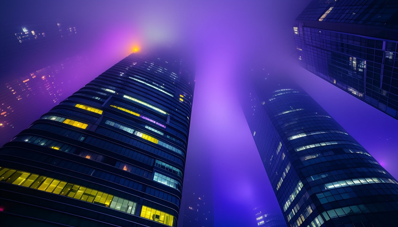 Misty Nighttime Cityscape with Modern Skyscrapers Virtual Background