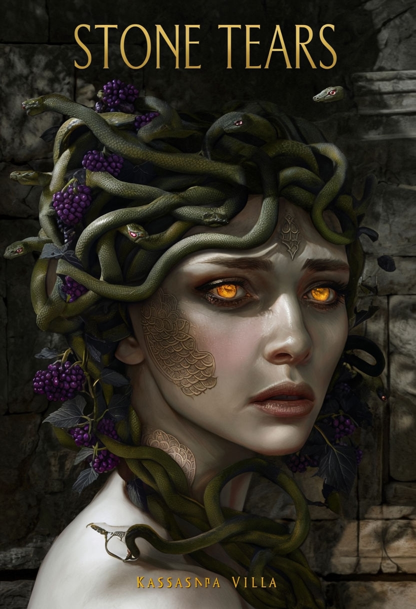 Tragic Medusa Portrait with Vines and Gold Title EBook Cover