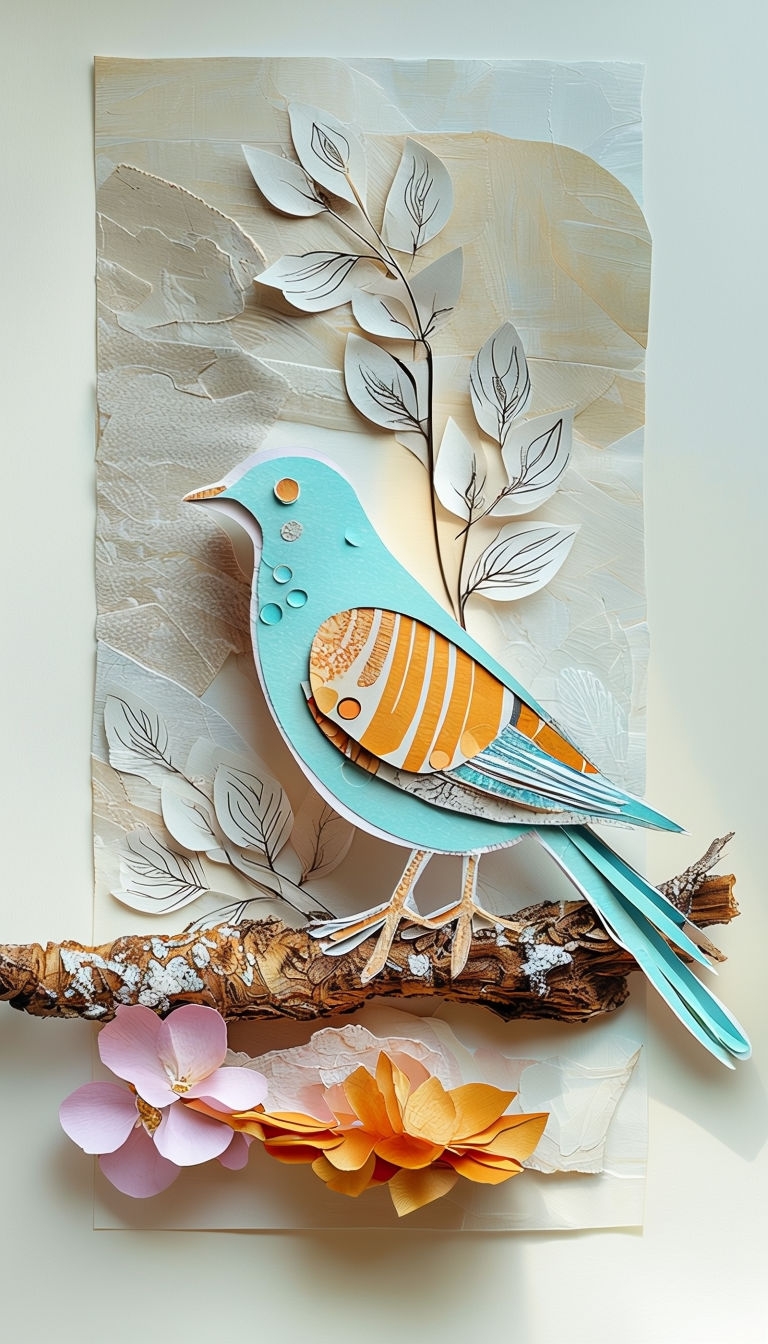 Stylized Bird and Tree Branch Still Life Illustration Mobile Wallpaper