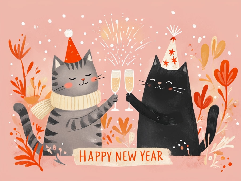 Whimsical Cats New Year's Greeting Card Illustration