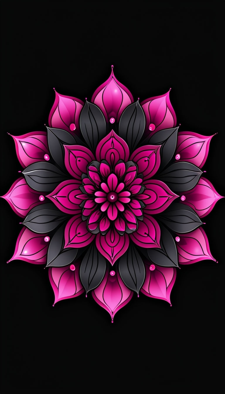 Vibrant Pink Floral Mandala Design on Black Phone Case Cover