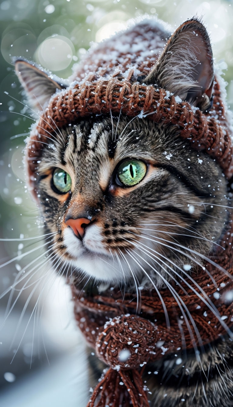 Tabby Cat in Knitted Hat and Scarf Winter Scene Art