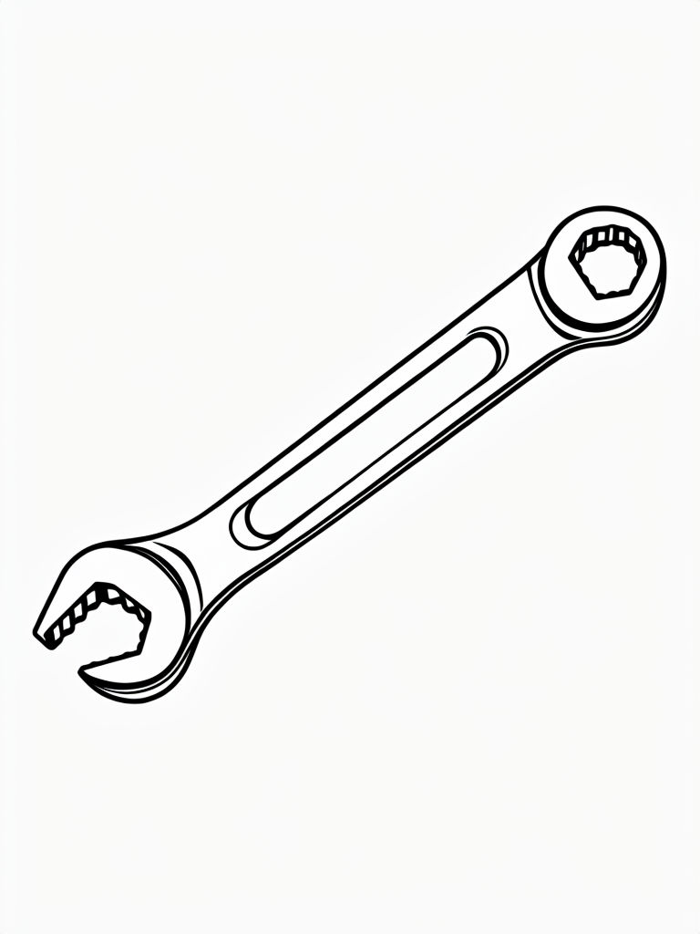 Minimalist Black Line Drawing of a Spanner Coloring Book Page