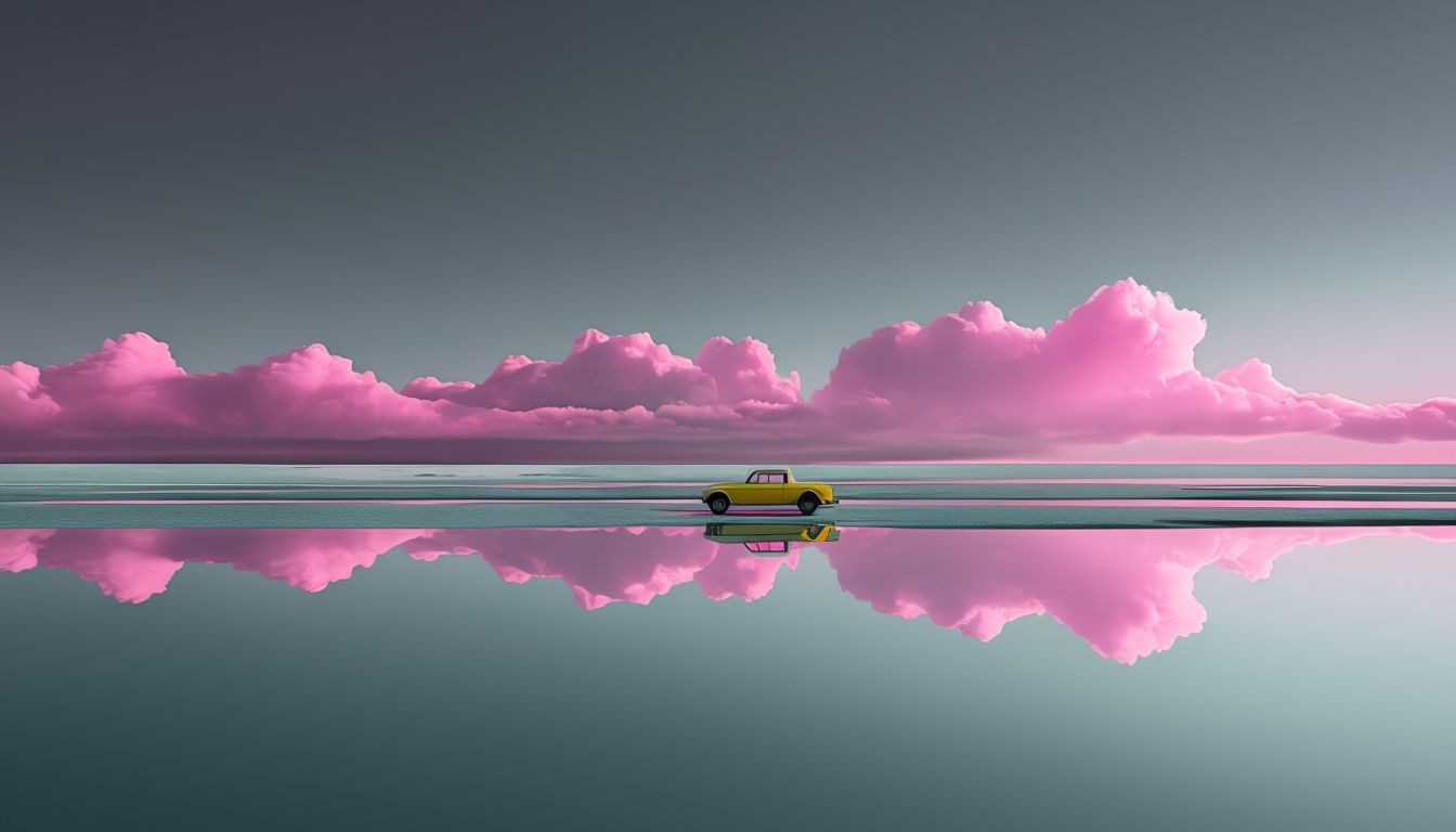 Surreal Minimalist Landscape with Dreamlike Pink Clouds Background