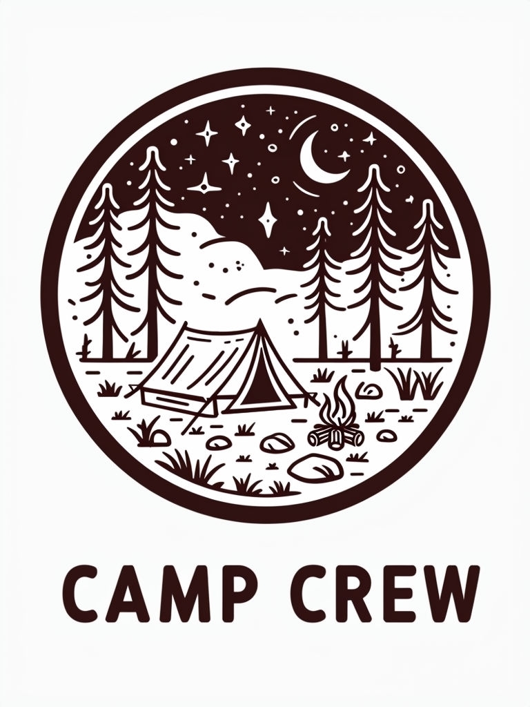 Minimalist Camping Night Scene with Camp Crew Emblem T-shirt