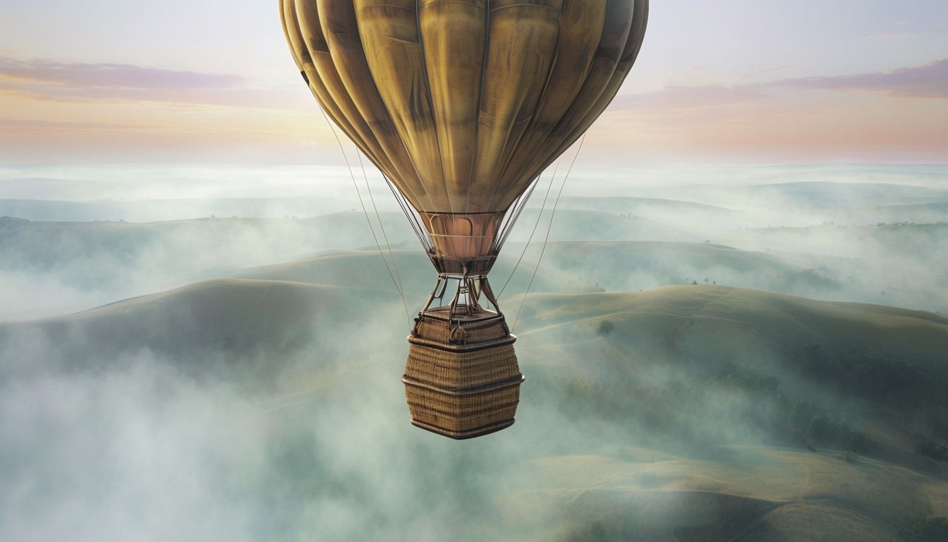 Serene Vintage Hot Air Balloon Over Misty Hills Virtual Background