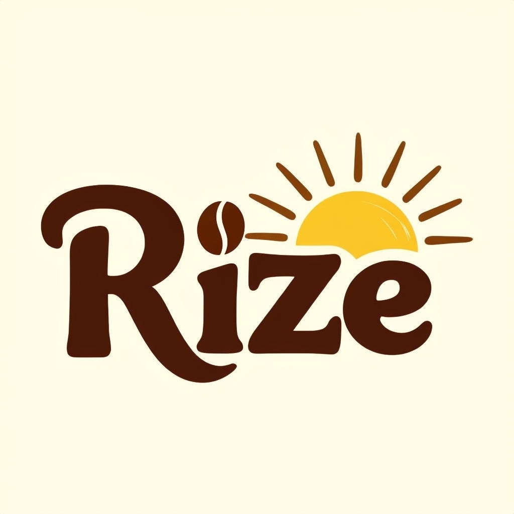 Playful Rize Coffee Logo with Sun Icon and Brown Font