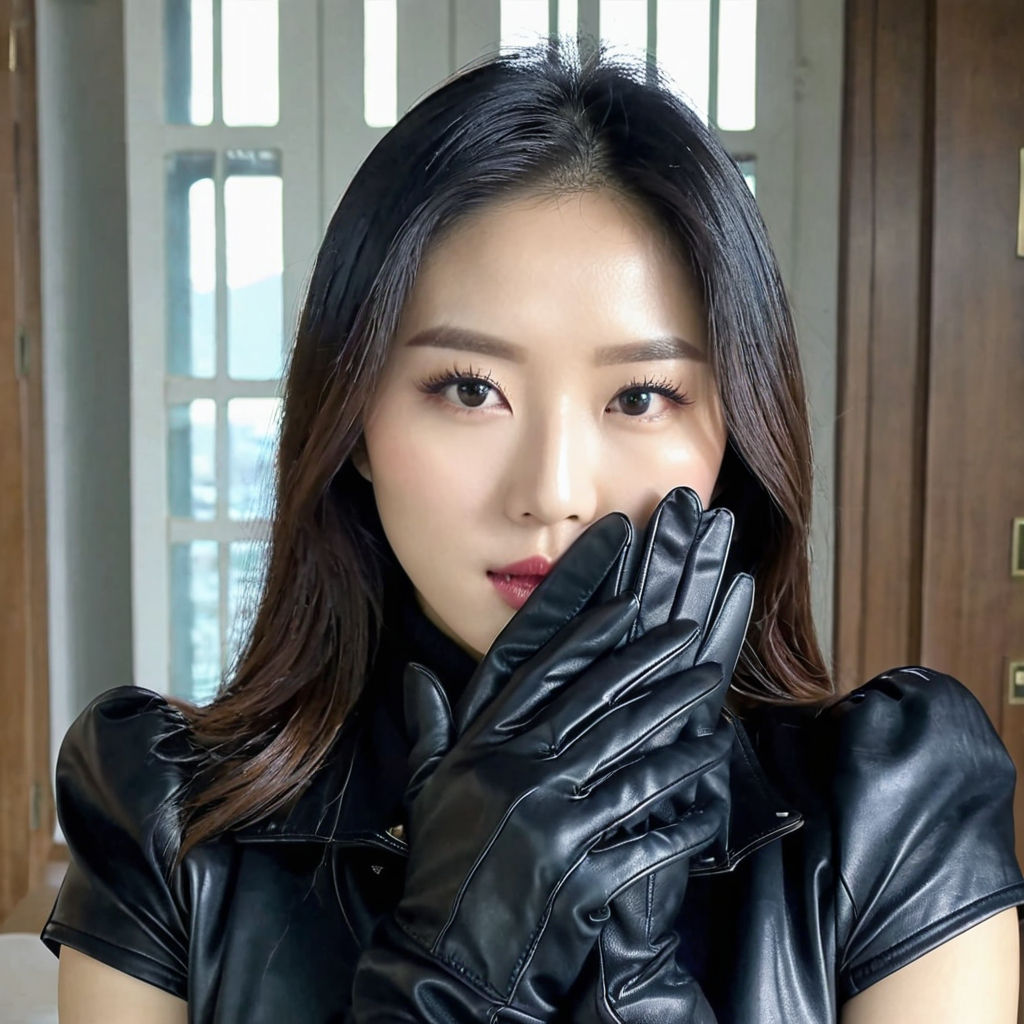 also wearing black leather gloves