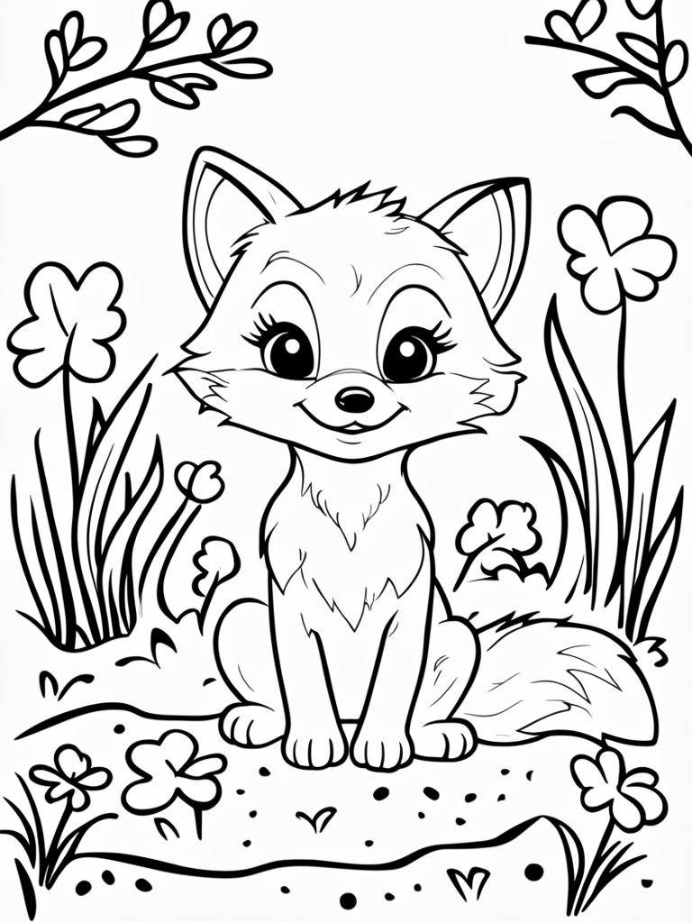 Cute Cartoon Fox Surrounded by Flowers Coloring Book Page