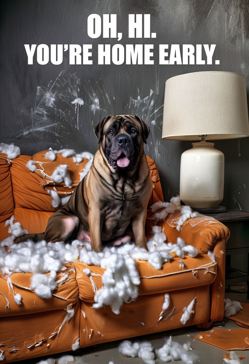 Mastiff Dog on Destroyed Couch with Comedic Text Meme