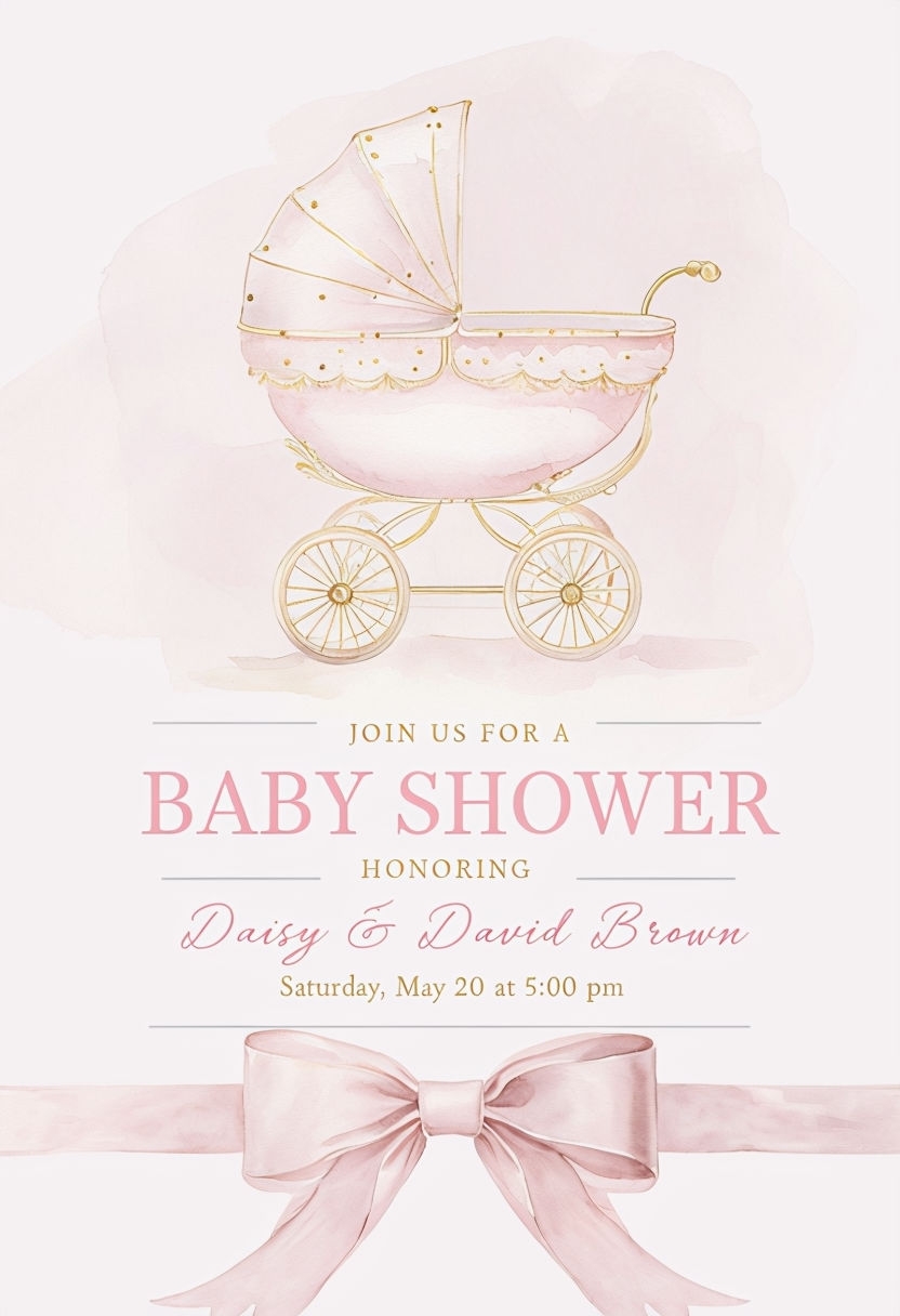 Elegant Vintage Baby Shower Invitation with Watercolor Pram Design