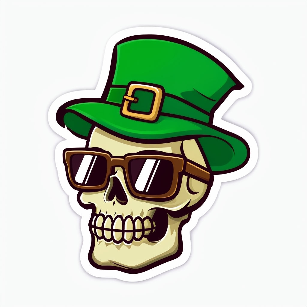 Cartoon Skull with St. Patrick's Hat and Sunglasses Sticker