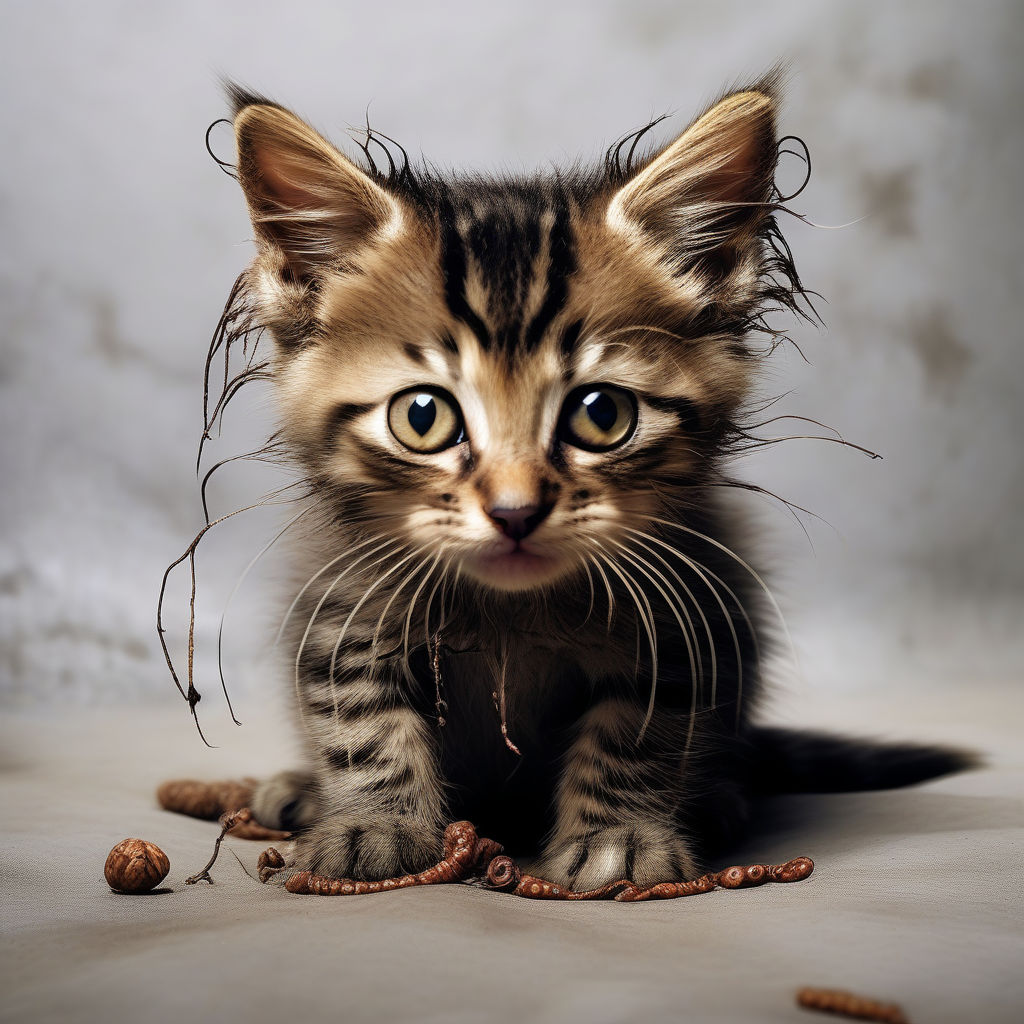 An ugly cat scrawny kitten with a swollen belly with worms c... by Nils