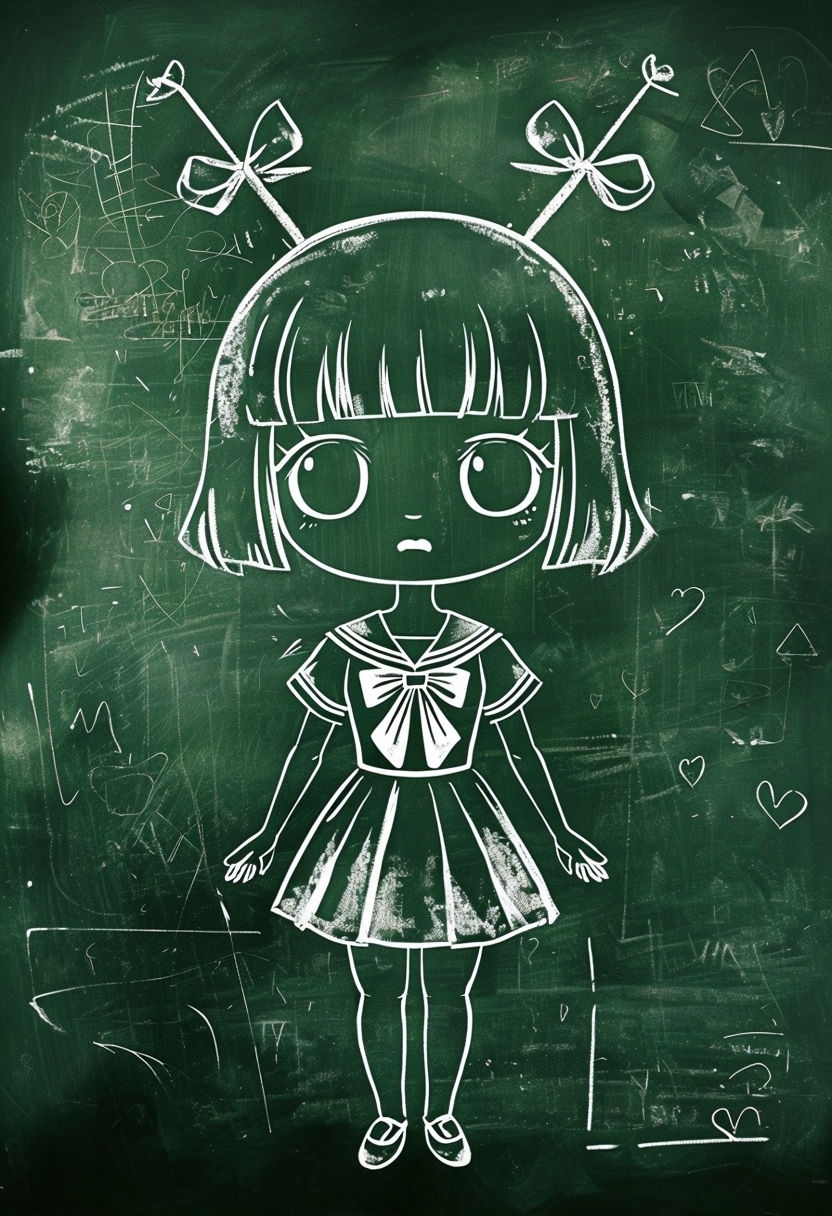 Whimsical Chibi Girl Chalk Drawing on Dark Green Background Art