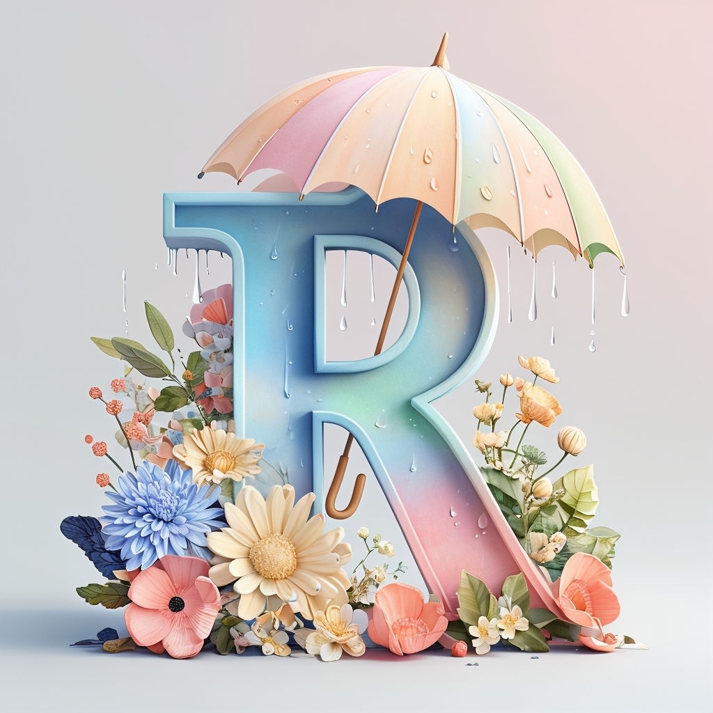 Playful 3D Letter R with Umbrella and Floral Arrangements Art Monogram ...