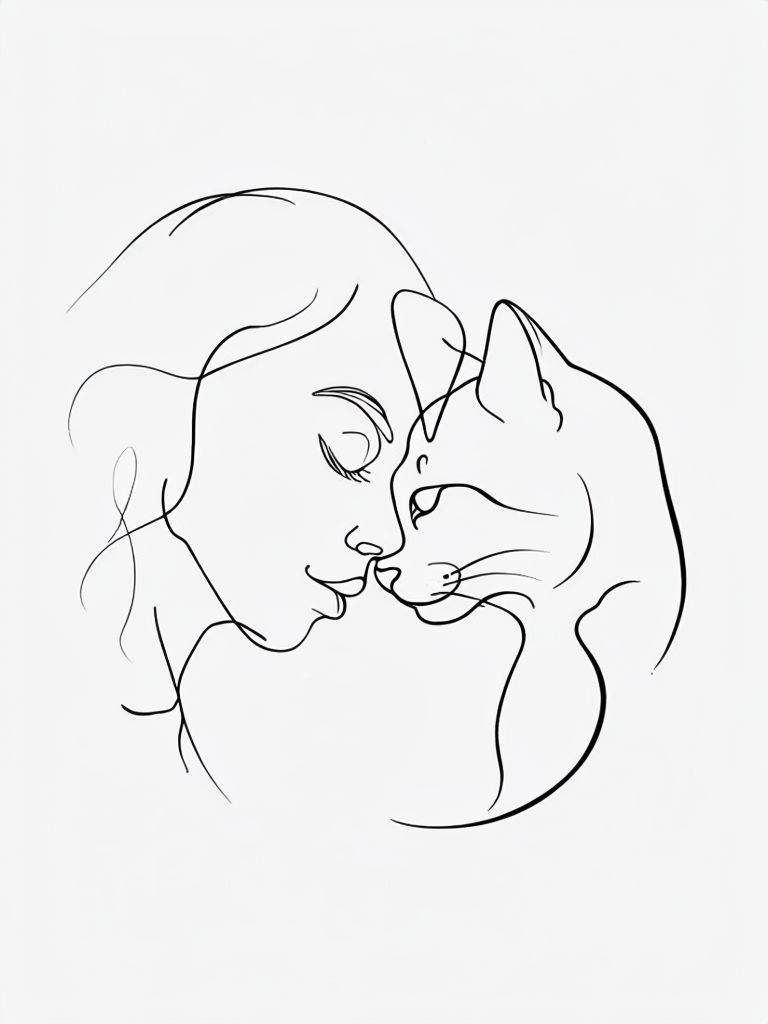 Minimalist Black Line Tattoo of Embracing Human and Cat Art