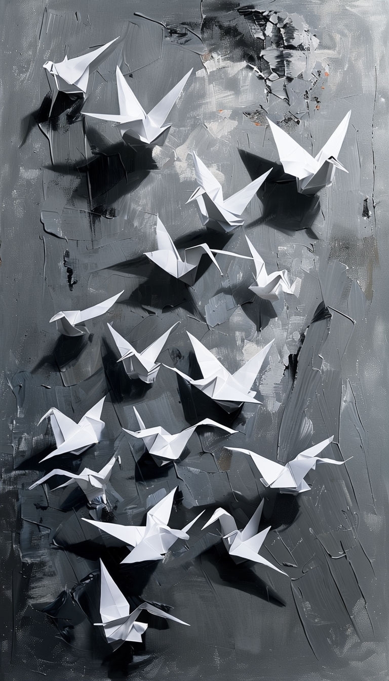 Dynamic Origami Cranes in a Textured Concrete Sky Mobile Wallpaper