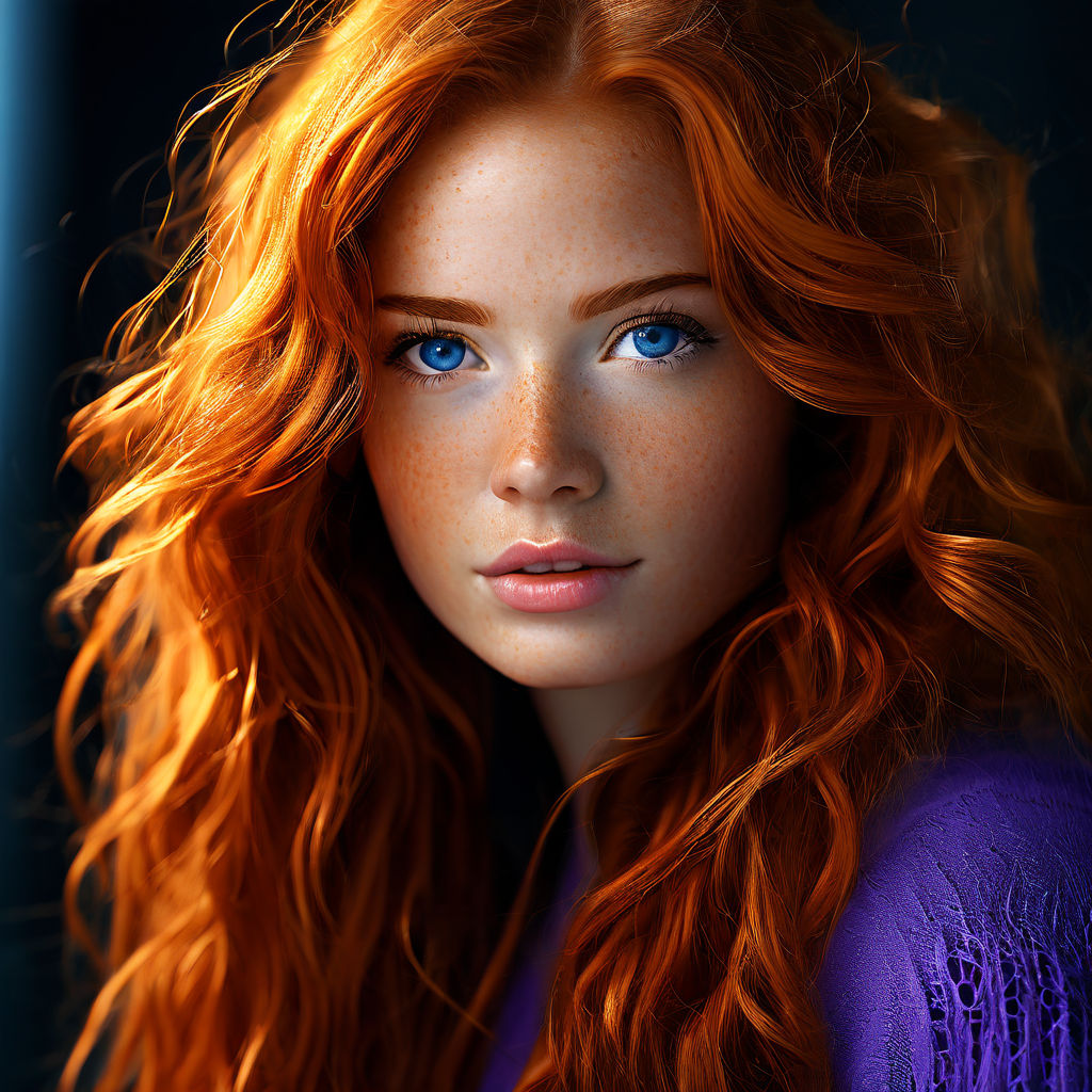 a woman with red hair and blue eyes