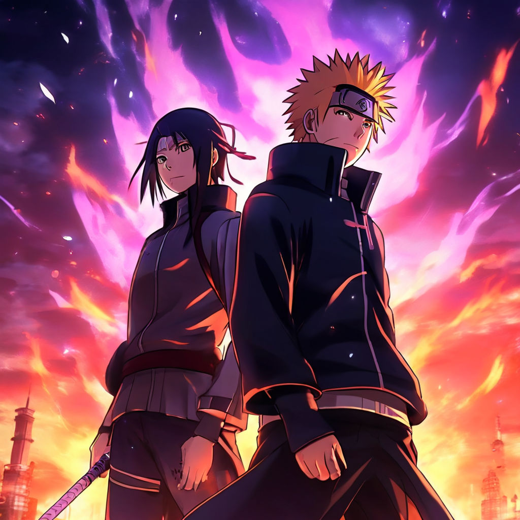 sasuke and itachi uchiha with a thunderous background in the style of  masashi kishmoto