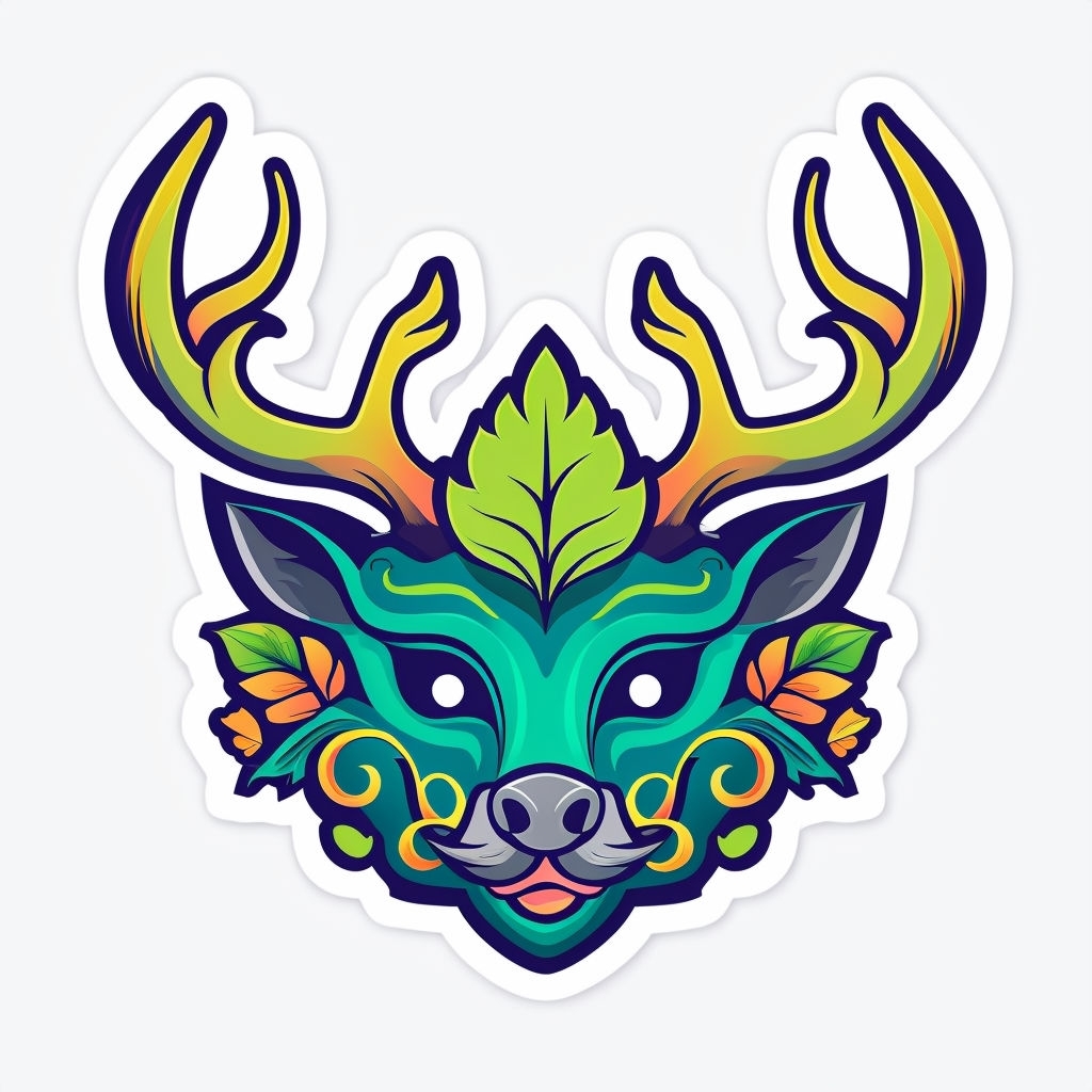 Vibrant Cartoon Animal Mask Illustration with Antlers Sticker