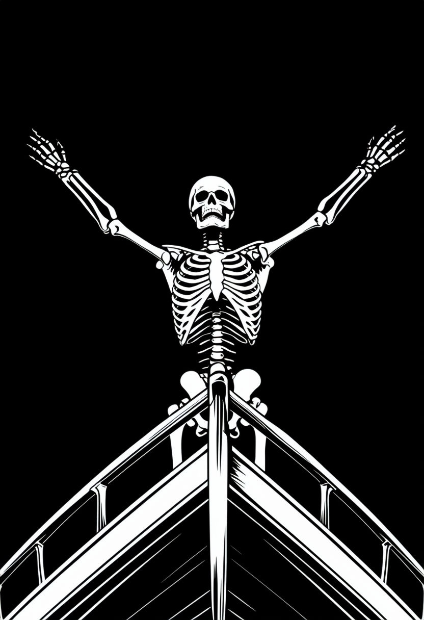 Heroic Skeleton on Ship's Prow in Bold Black and White Art
