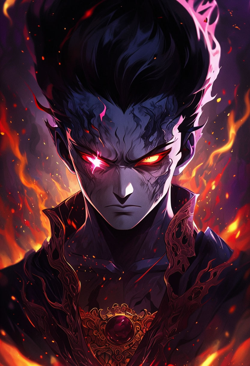 Dramatic Anime Character with Fiery Aura Digital Art Poster