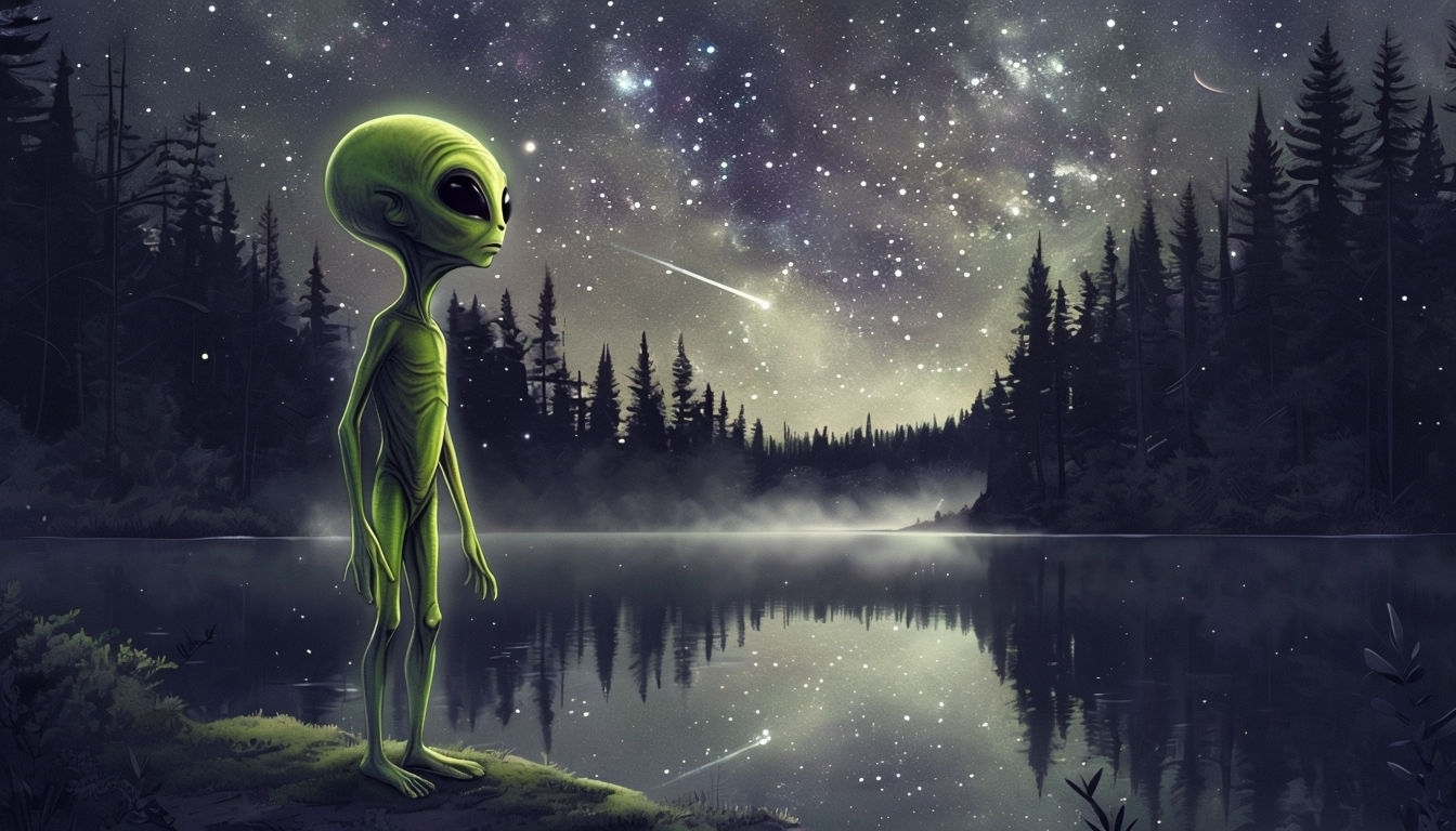 Tranquil Alien at a Starry Lake Illustration for Virtual Backgrounds