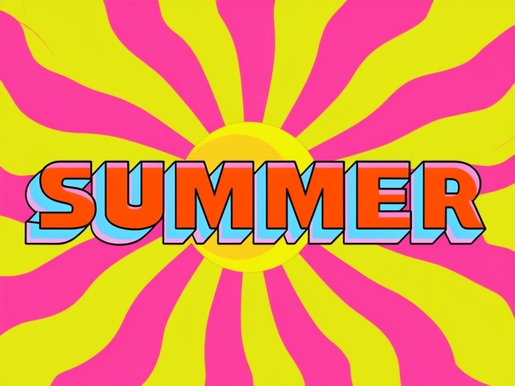 Vibrant Summer 3D Block Letter Artwork with Sunburst Background Poster