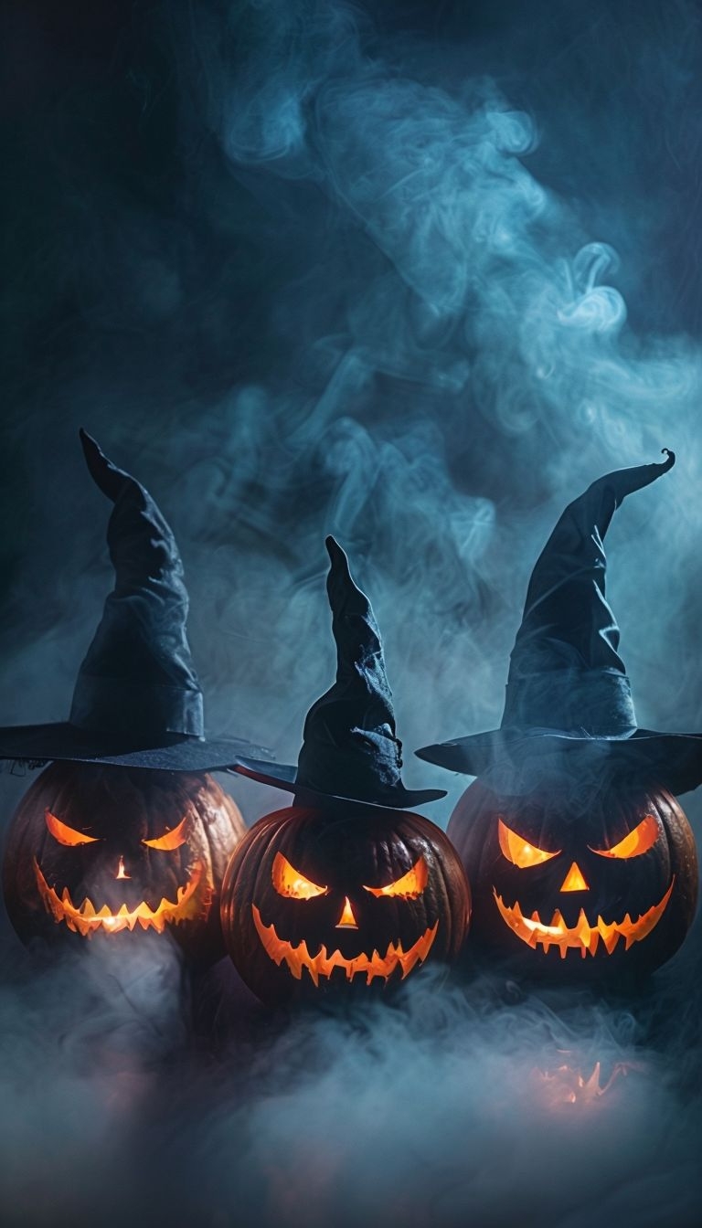 Sinister Jack-o'-Lanterns with Witch Hats in Eerie Atmosphere Mobile Wallpaper
