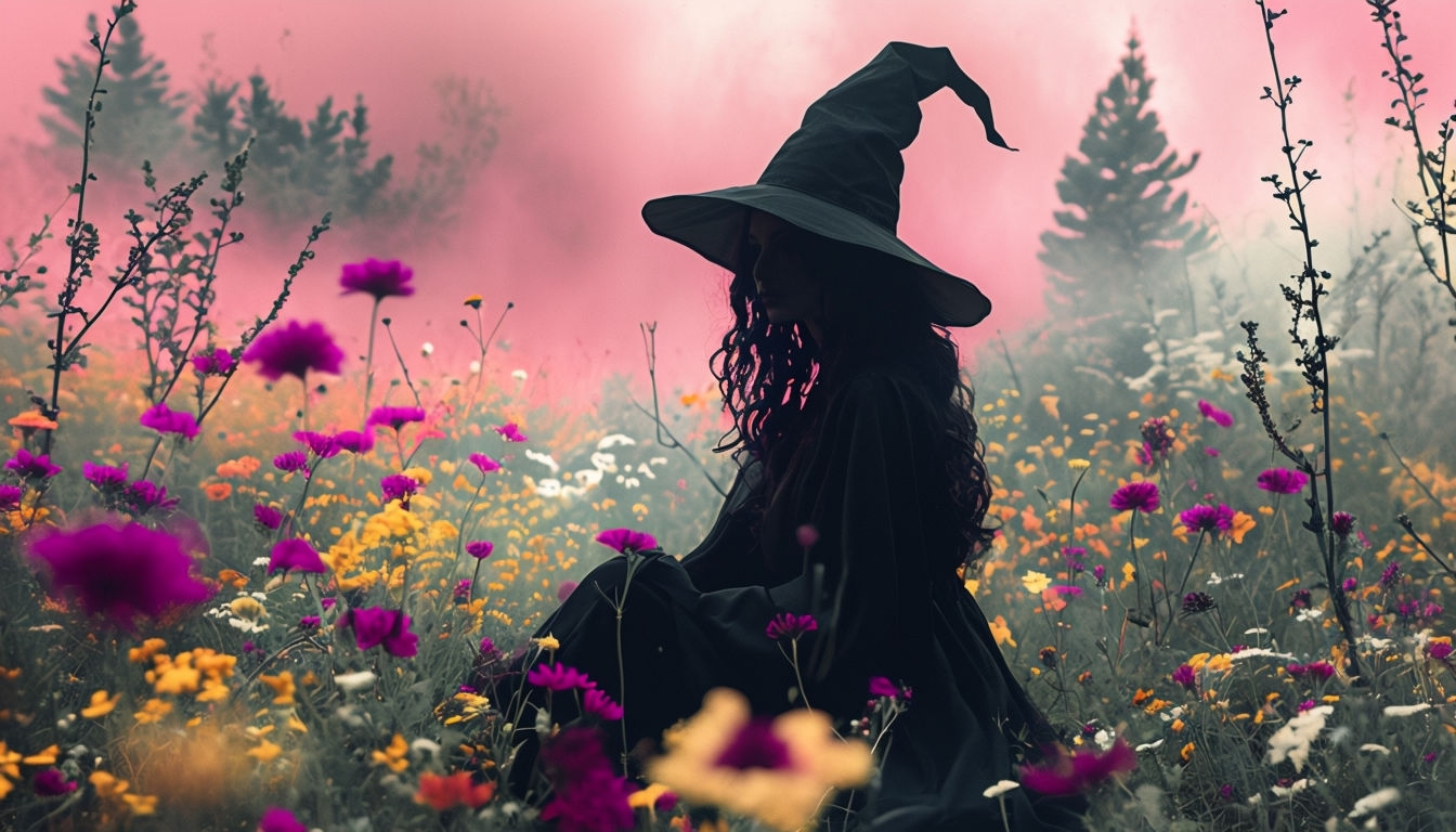 Surreal Witch Figure in Wildflowers with Dreamy Pink Sky Backgrounds