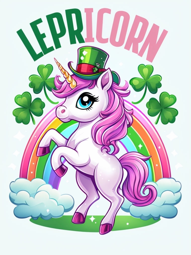 Vibrant Cartoon Lepicorn Unicorn with Rainbow and Shamrocks Poster