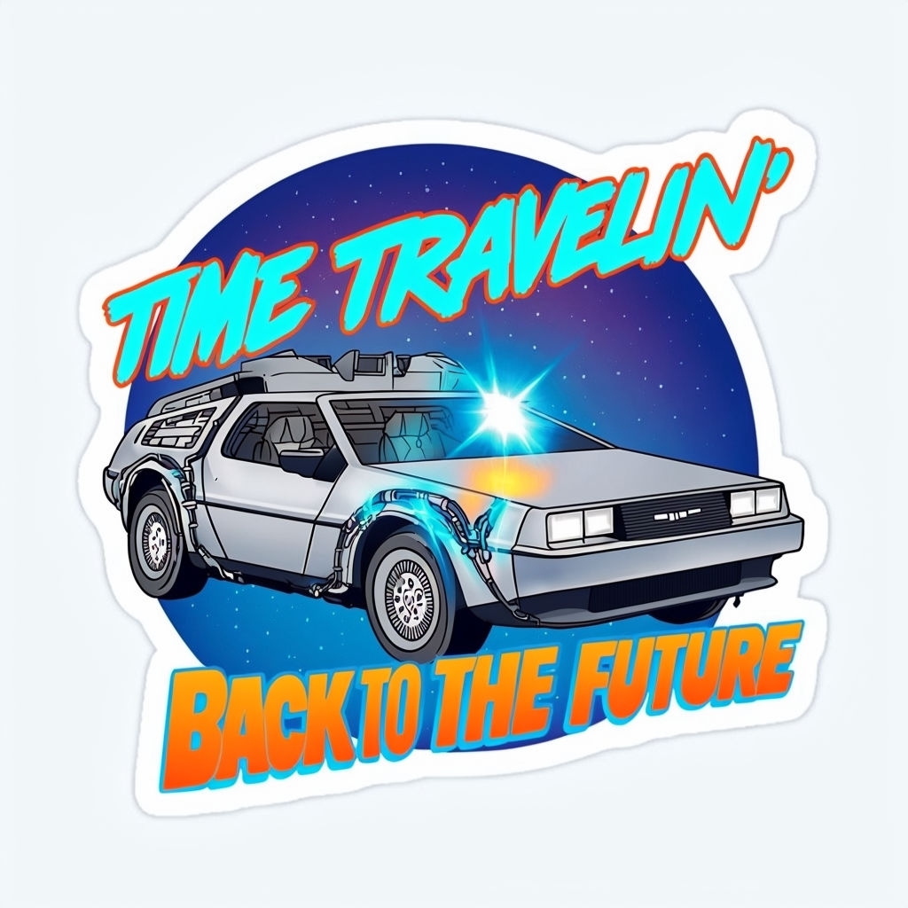 Vibrant DeLorean Time Machine Cartoon Sticker Design