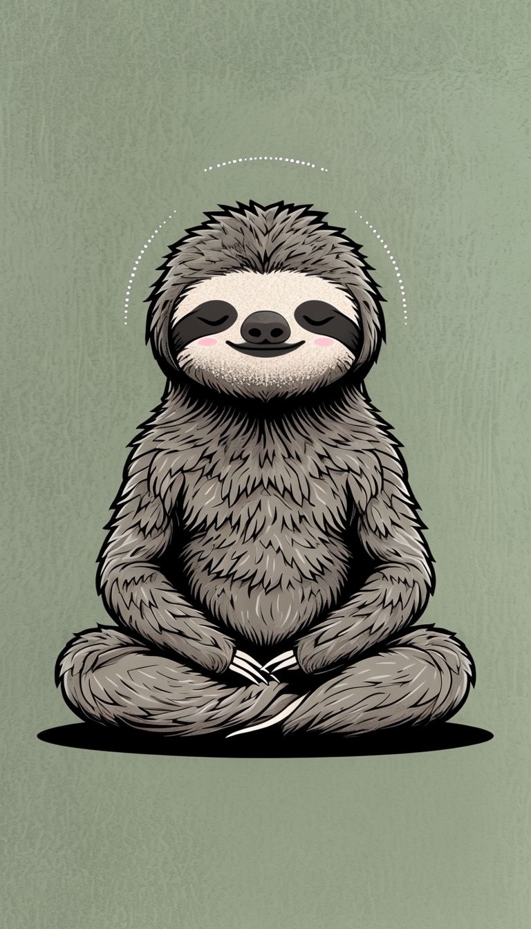 Zen Sloth Meditating Illustration on Sage Green Background Mobile Wallpaper