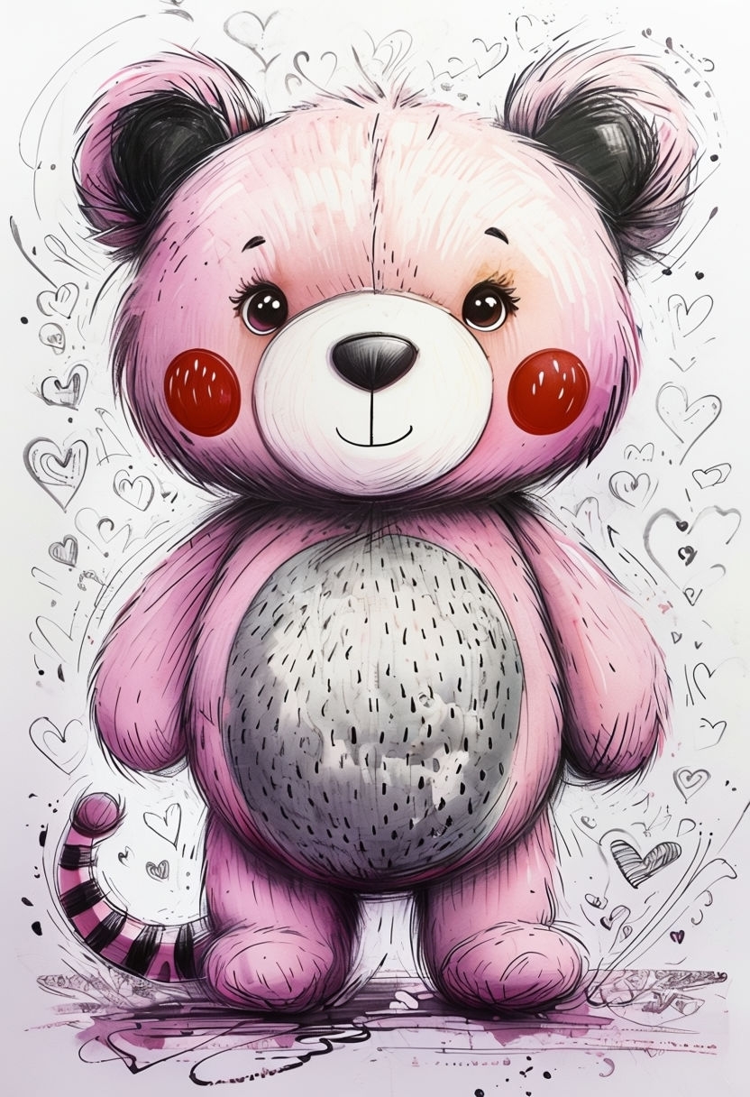 Cute Whimsical Teddy Bear with Hearts and Swirls Sticker