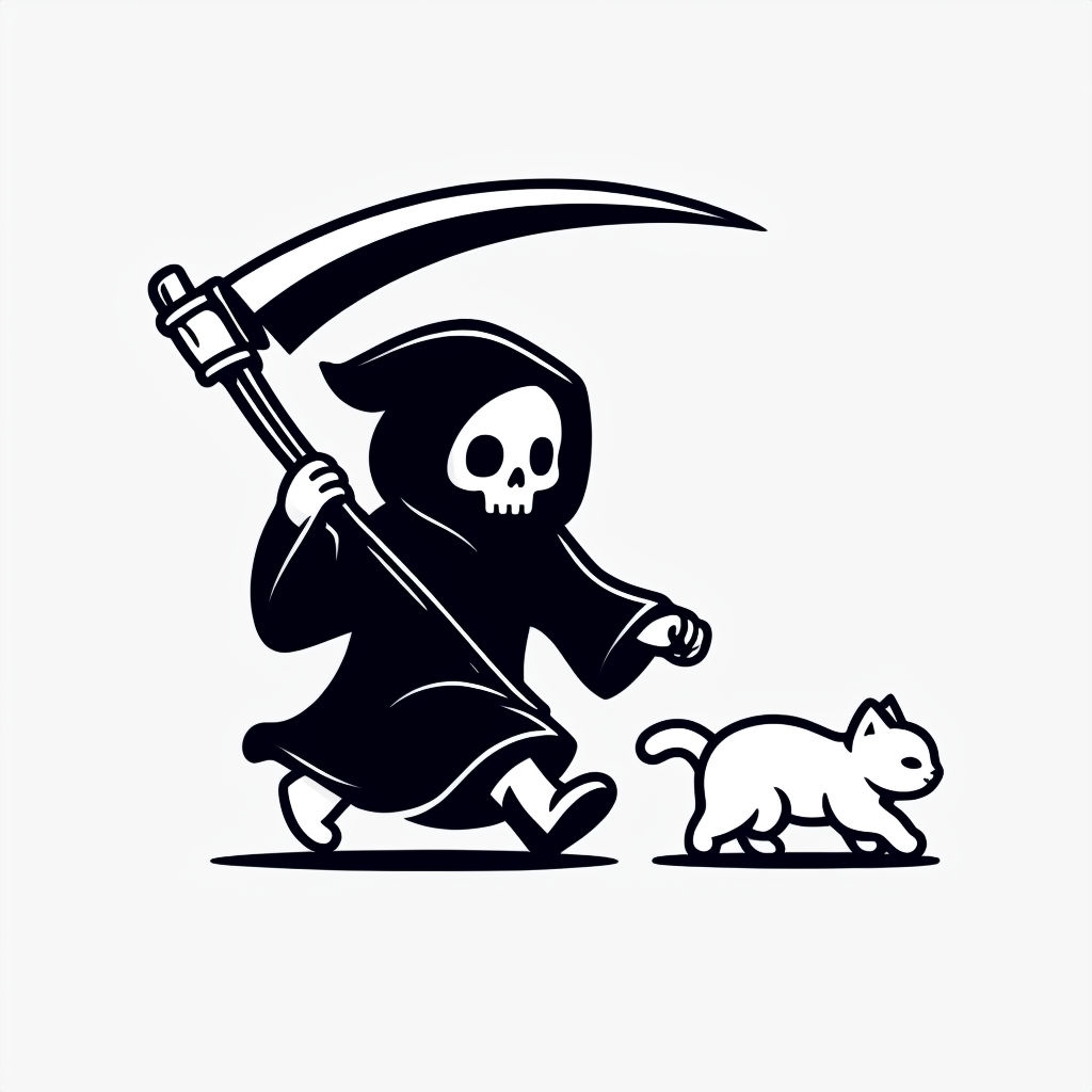 Playful Grim Reaper and Cat Minimalist Illustration Mug