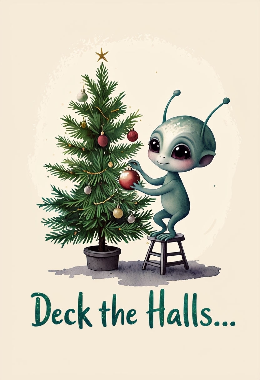 Whimsical Alien Decorating Christmas Tree Illustration Card